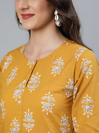 Women's Mustard & Silver Printed Box Pleated Kurta With Trouser  & Dupatta