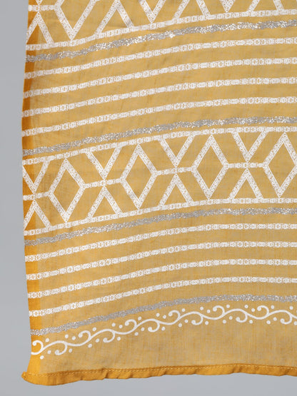 Women's Mustard & Silver Printed Box Pleated Kurta With Trouser  & Dupatta