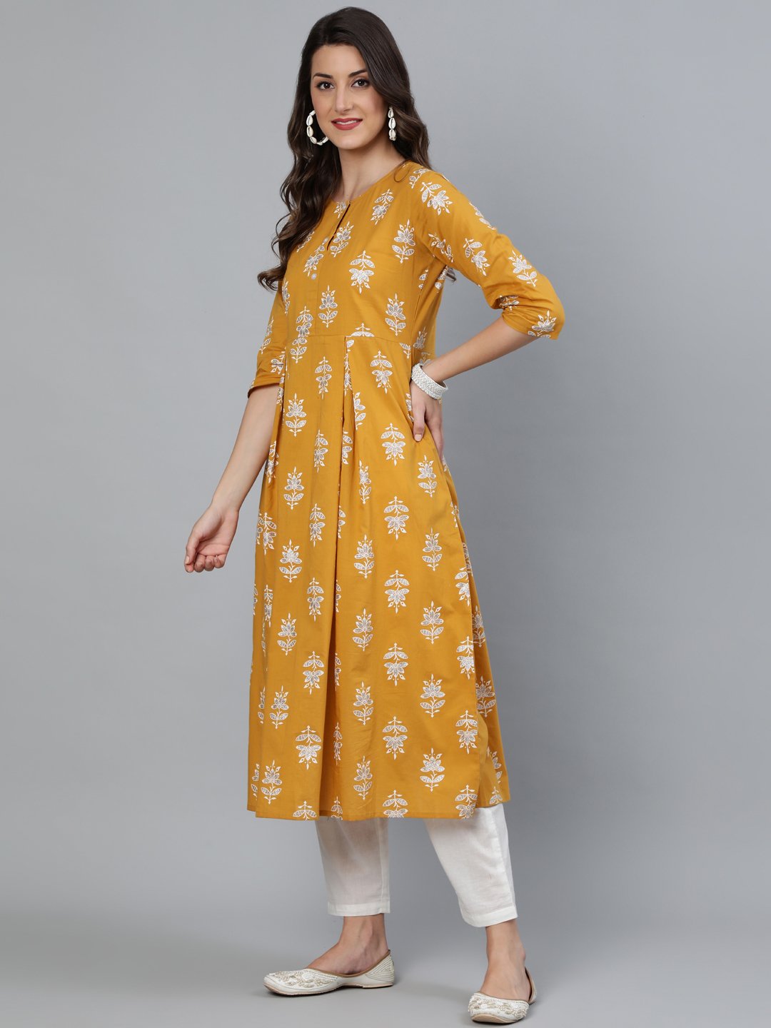Women's Mustard & Silver Printed Box Pleated Kurta With Trouser  & Dupatta