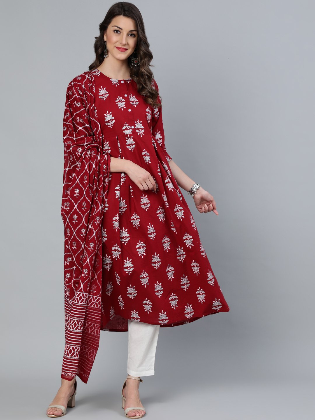 Women's Maroon & Silver Printed Box Pleated Kurta With Trouser  & Dupatta