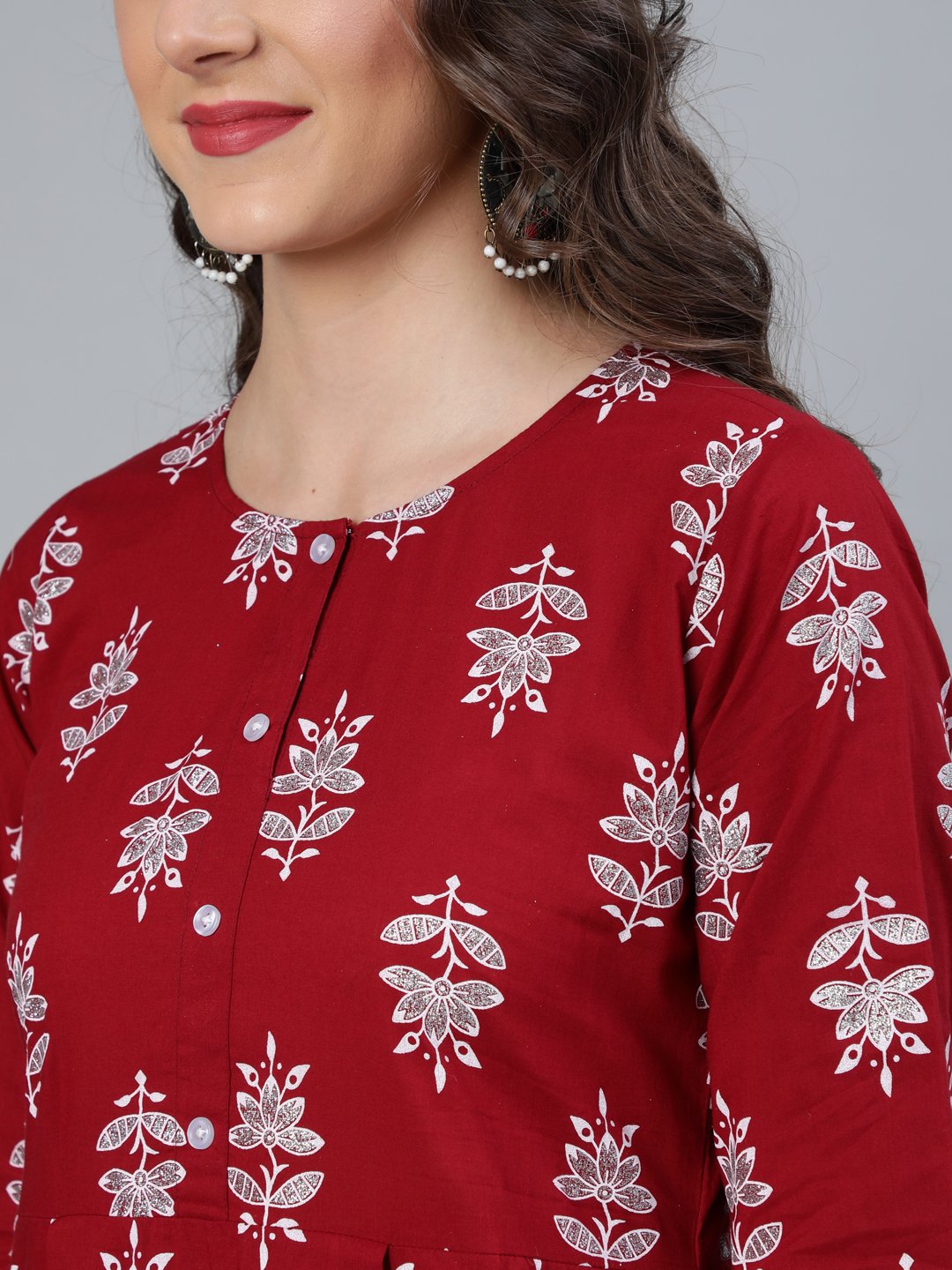 Women's Maroon & Silver Printed Box Pleated Kurta With Trouser  & Dupatta