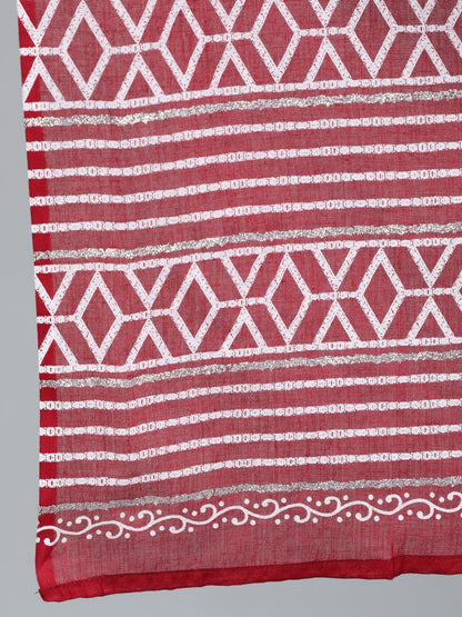 Women's Maroon & Silver Printed Box Pleated Kurta With Trouser  & Dupatta
