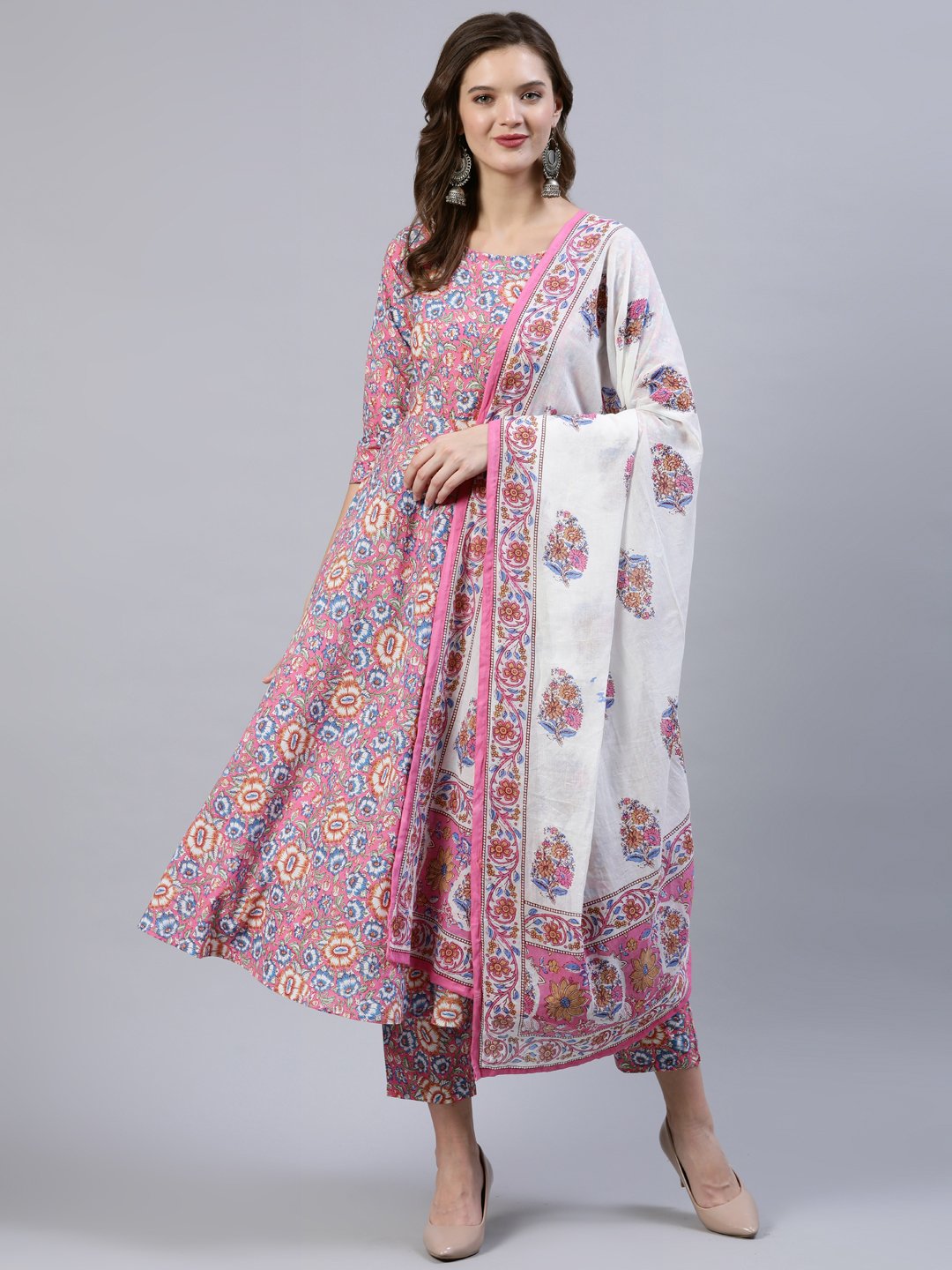 Women's Pink Printed Flared Kurta With Trouser & Dupatta