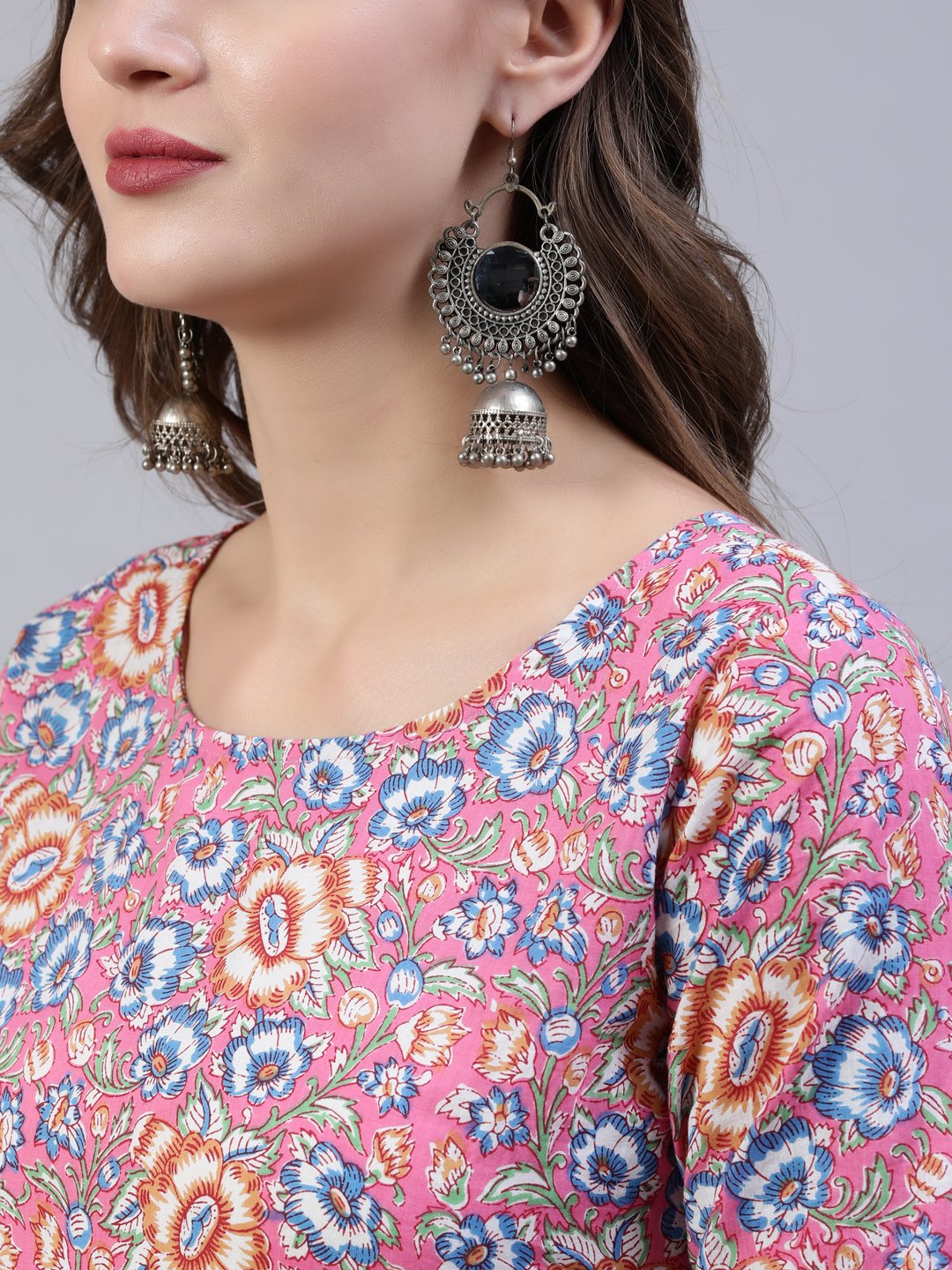Women's Pink Printed Flared Kurta With Trouser & Dupatta