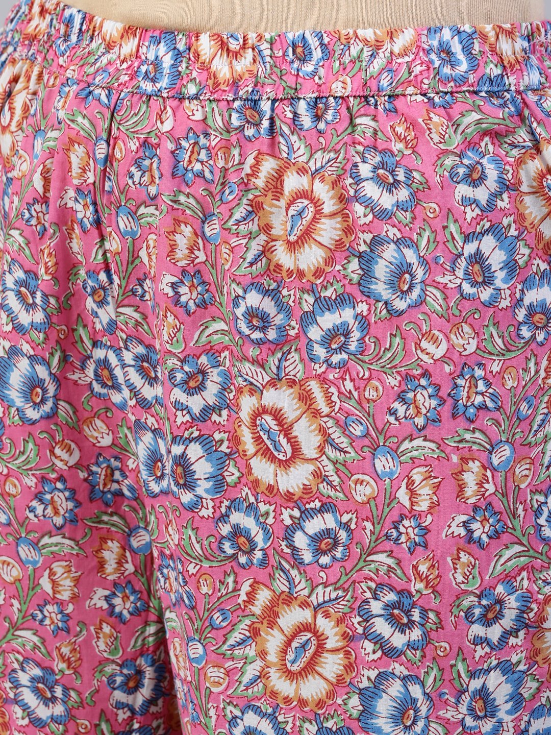 Women's Pink Printed Flared Kurta With Trouser & Dupatta