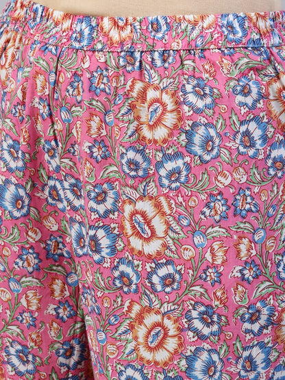 Women's Pink Printed Flared Kurta With Trouser & Dupatta