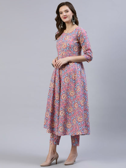 Women's Pink Printed Flared Kurta With Trouser & Dupatta