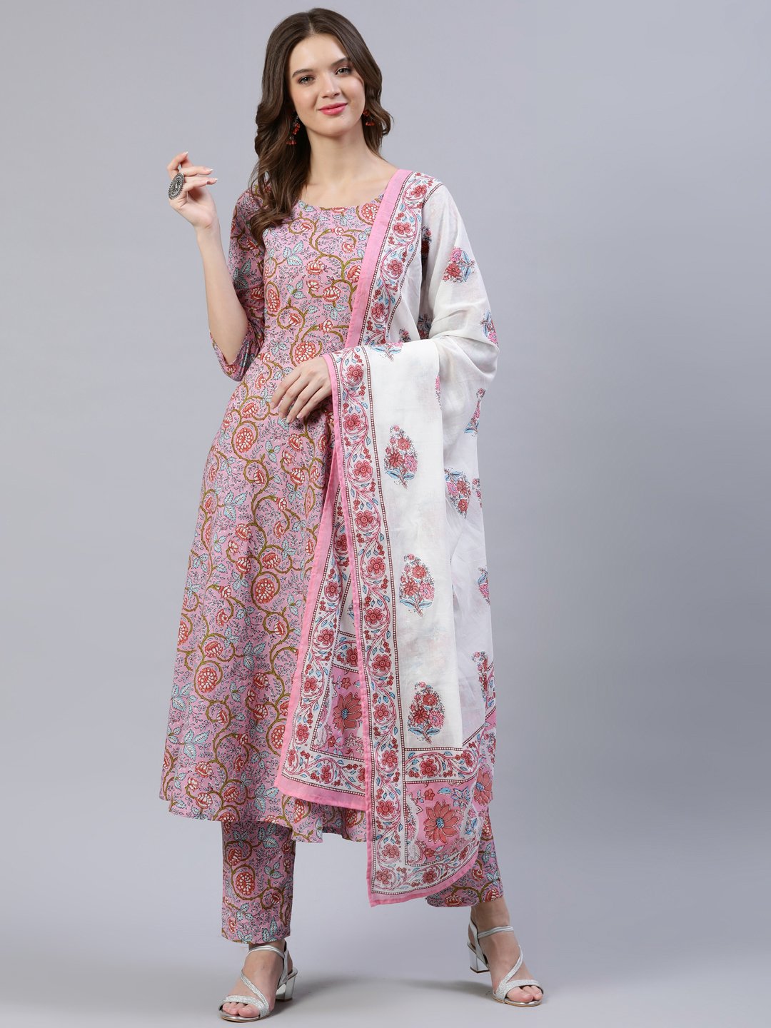 Women's Pink Printed Flared Kurta With Trouser & Dupatta