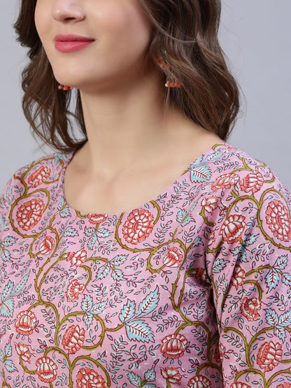 Women's Pink Printed Flared Kurta With Trouser & Dupatta