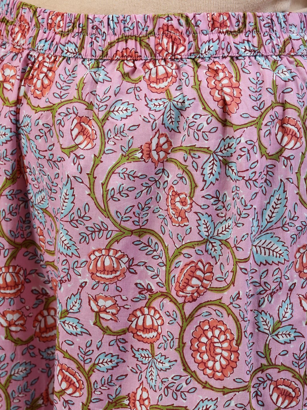 Women's Pink Printed Flared Kurta With Trouser & Dupatta