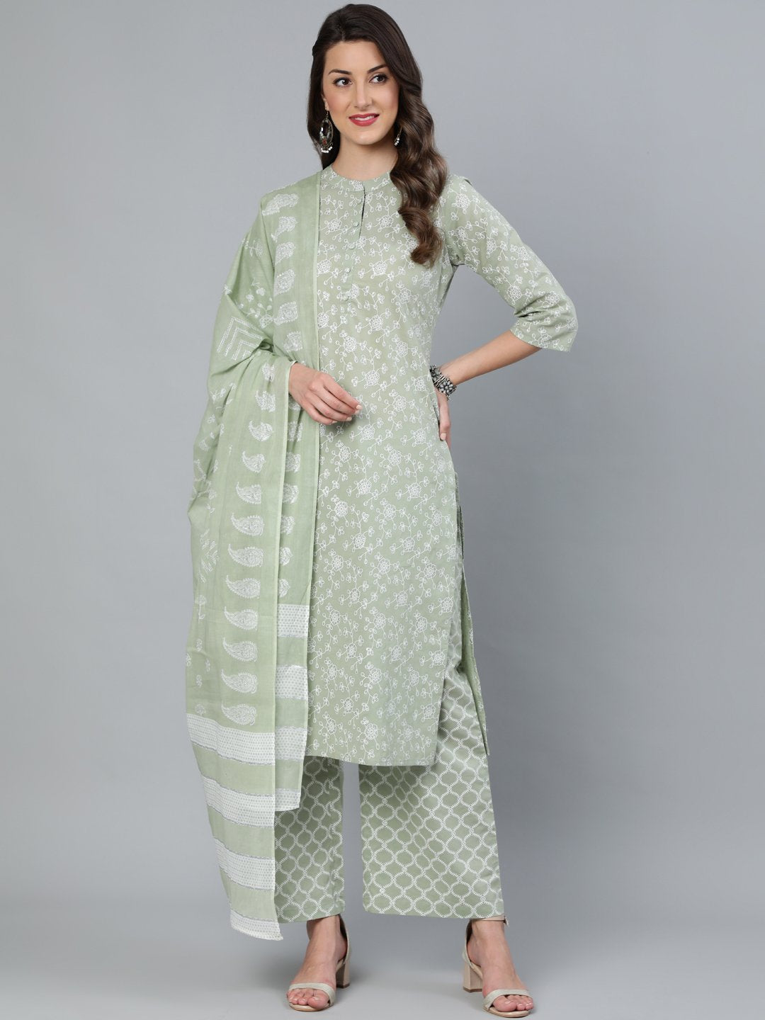 Women's Sage Green & Silver Floral Printed Straight Kurta With Plazo & Dupatta