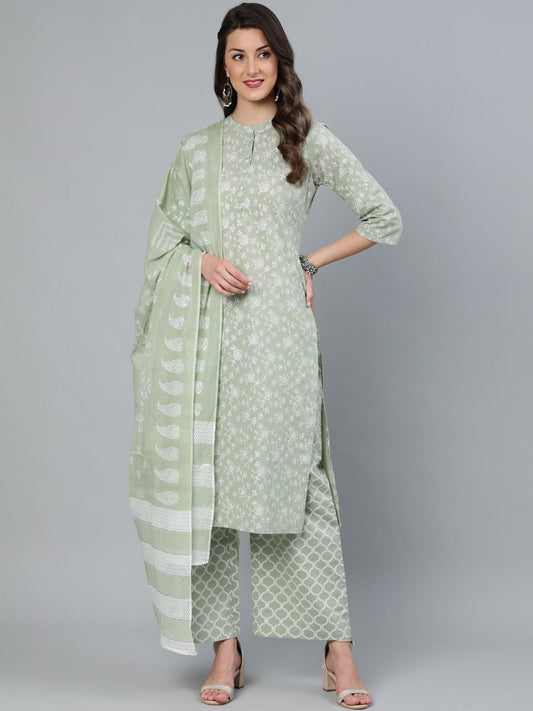 Women's Sage Green & Silver Floral Printed Straight Kurta With Plazo & Dupatta