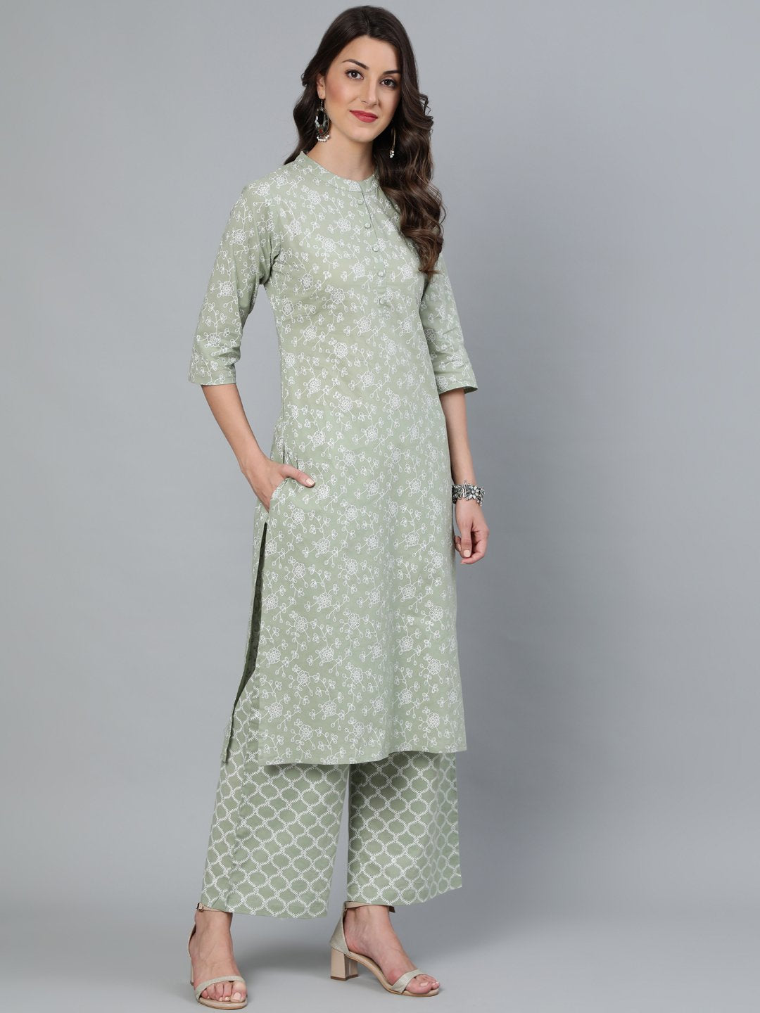 Women's Sage Green & Silver Floral Printed Straight Kurta With Plazo & Dupatta
