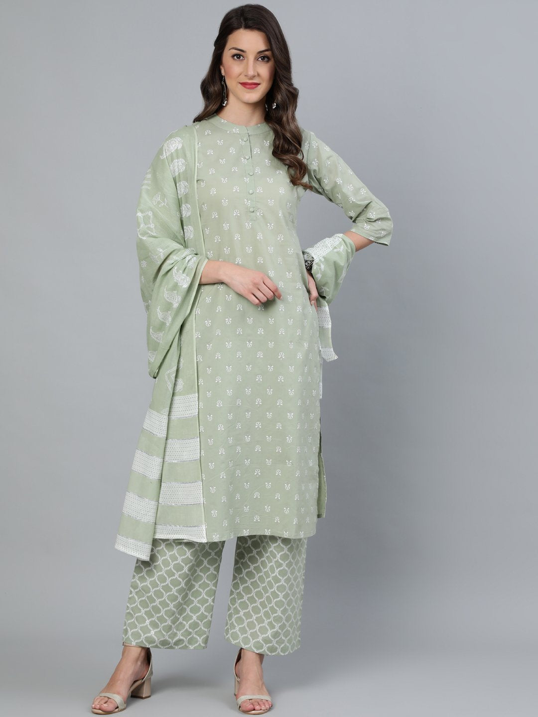 Women's Sage Green & Silver Printed Straight Kurta With Plazo & Dupatta