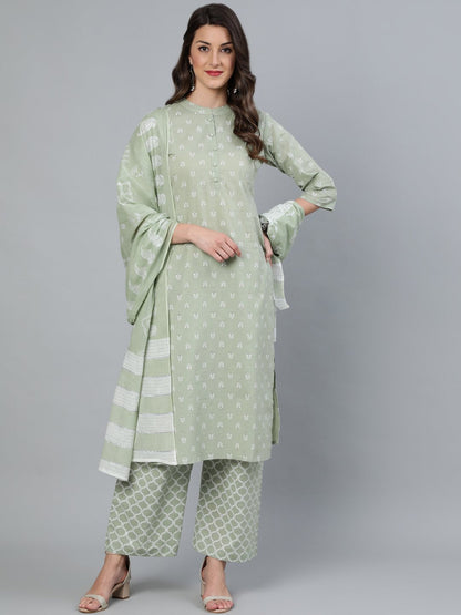 Women's Sage Green & Silver Printed Straight Kurta With Plazo & Dupatta