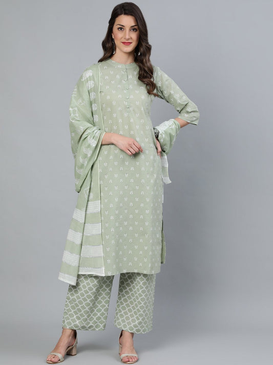 Women's Sage Green & Silver Printed Straight Kurta With Plazo & Dupatta