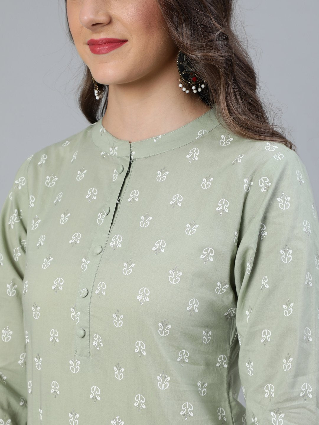Women's Sage Green & Silver Printed Straight Kurta With Plazo & Dupatta