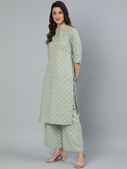 Women's Sage Green & Silver Printed Straight Kurta With Plazo & Dupatta