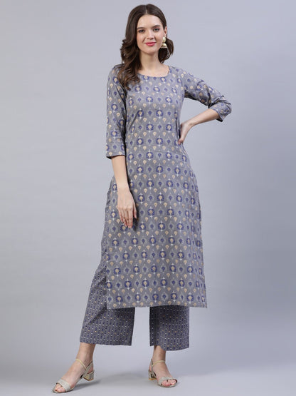 Women's Grey Printed Straight Kurta With Plazo