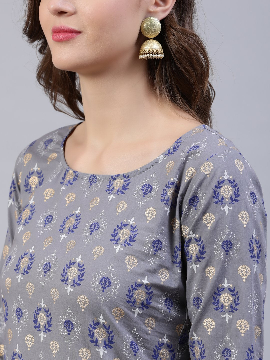 Women's Grey Printed Straight Kurta With Plazo