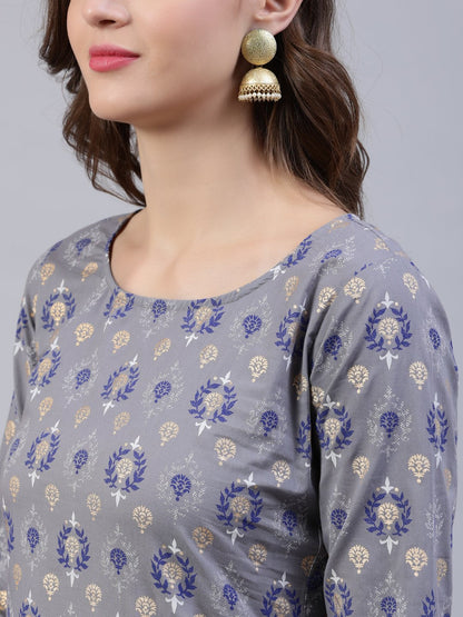 Women's Grey Printed Straight Kurta With Plazo