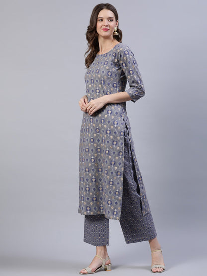 Women's Grey Printed Straight Kurta With Plazo