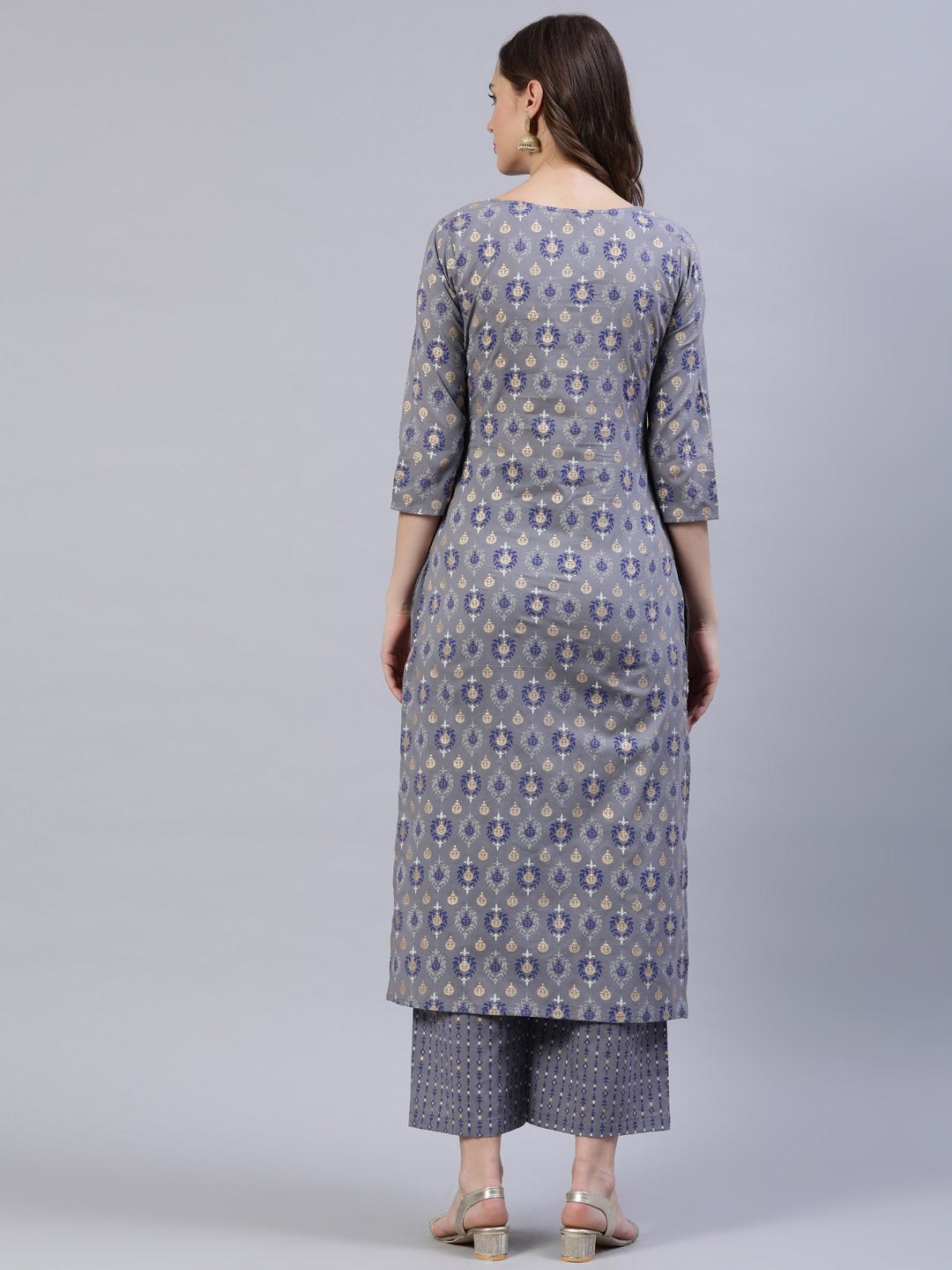 Women's Grey Printed Straight Kurta With Plazo