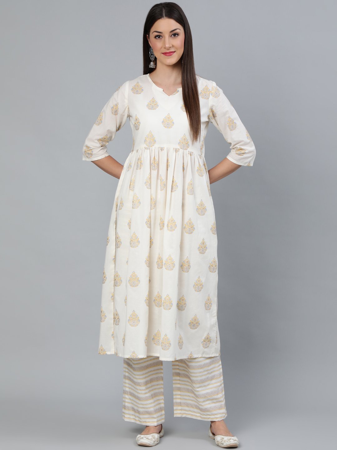Women's Cream & Gold Printed Gathered  Kurta With Plazzo