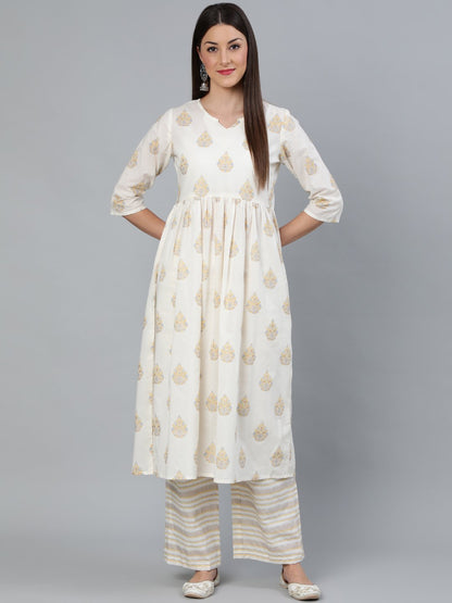 Women's Cream & Gold Printed Gathered  Kurta With Plazzo