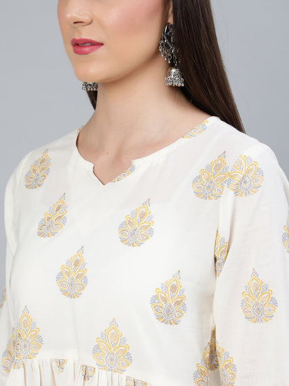 Women's Cream & Gold Printed Gathered  Kurta With Plazzo