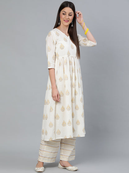 Women's Cream & Gold Printed Gathered  Kurta With Plazzo