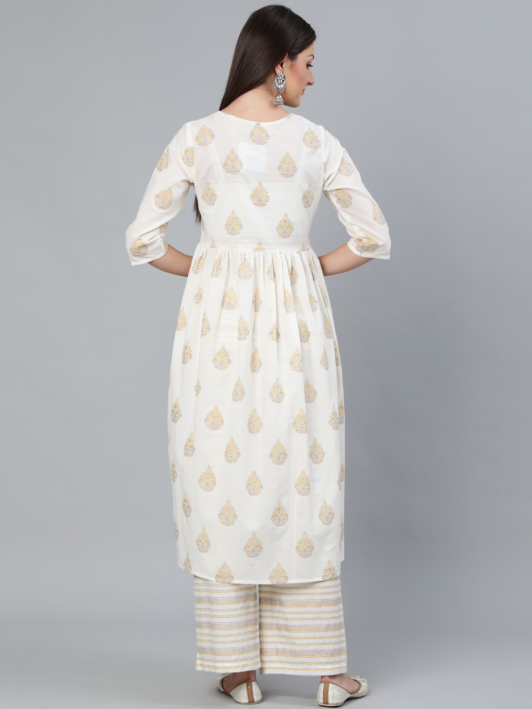 Women's Cream & Gold Printed Gathered  Kurta With Plazzo