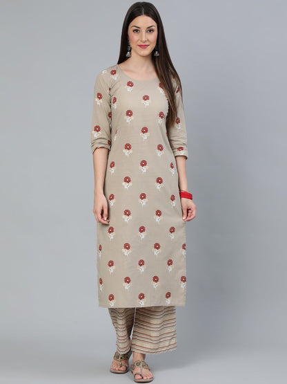 Women's Beige & Maroon Printed Straight  Kurta With Plazzo