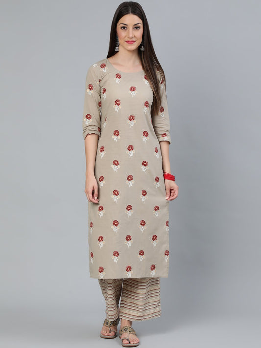 Women's Beige & Maroon Printed Straight  Kurta With Plazzo