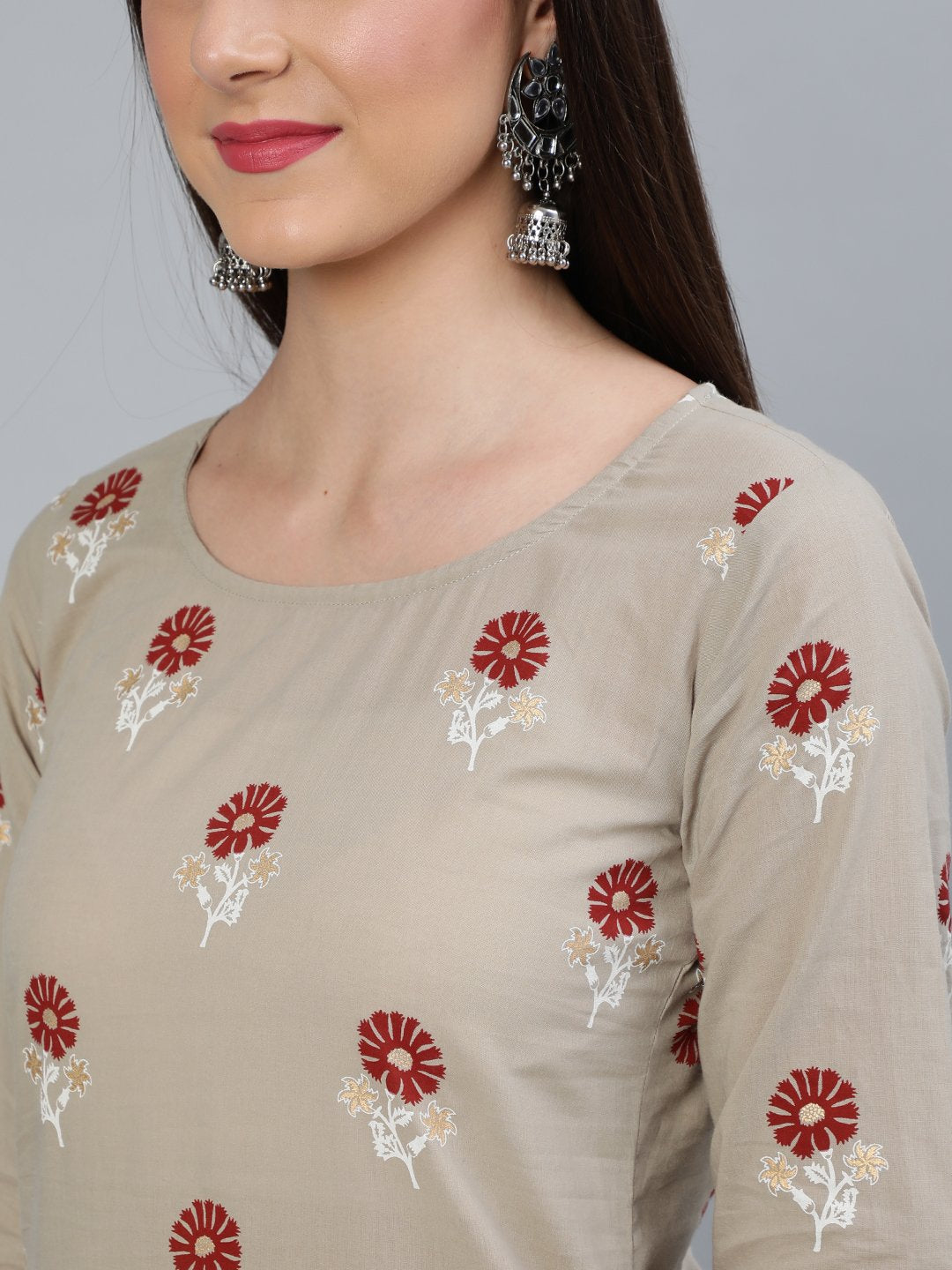 Women's Beige & Maroon Printed Straight  Kurta With Plazzo