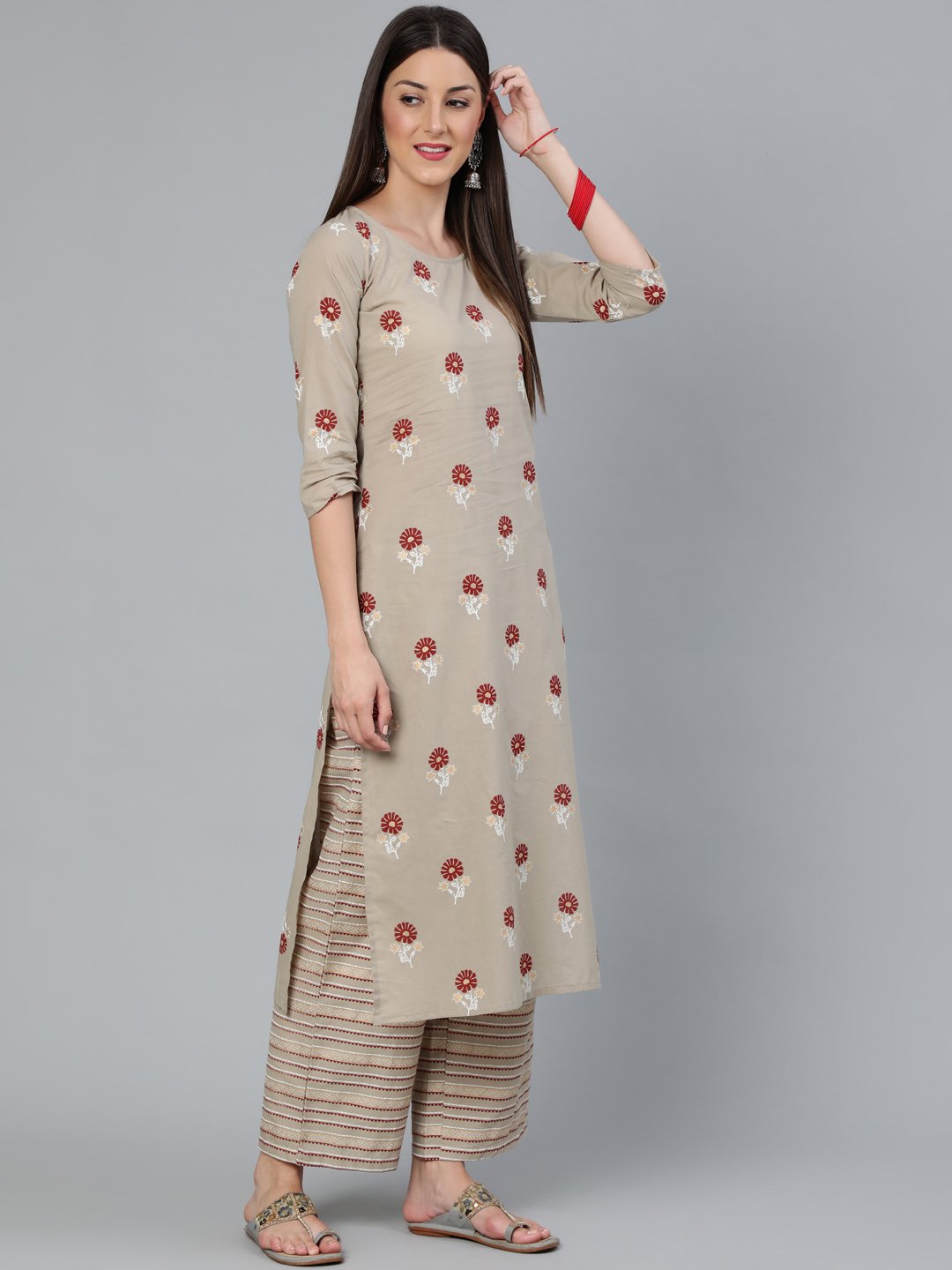 Women's Beige & Maroon Printed Straight  Kurta With Plazzo
