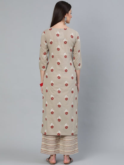 Women's Beige & Maroon Printed Straight  Kurta With Plazzo