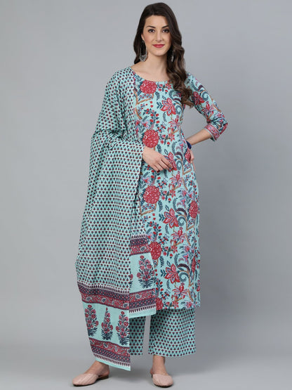 Women's Sea Green Printed Straight  Kurta With Plazzo & Dupatta