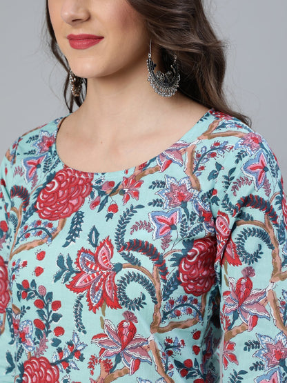 Women's Sea Green Printed Straight  Kurta With Plazzo & Dupatta