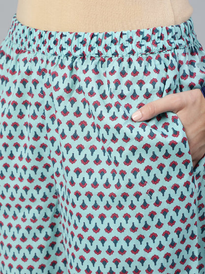 Women's Sea Green Printed Straight  Kurta With Plazzo & Dupatta
