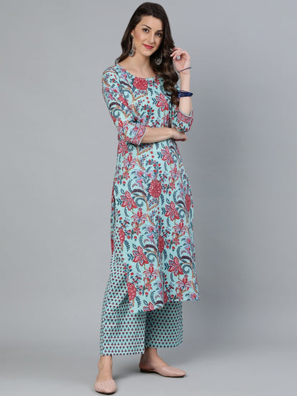 Women's Sea Green Printed Straight  Kurta With Plazzo & Dupatta