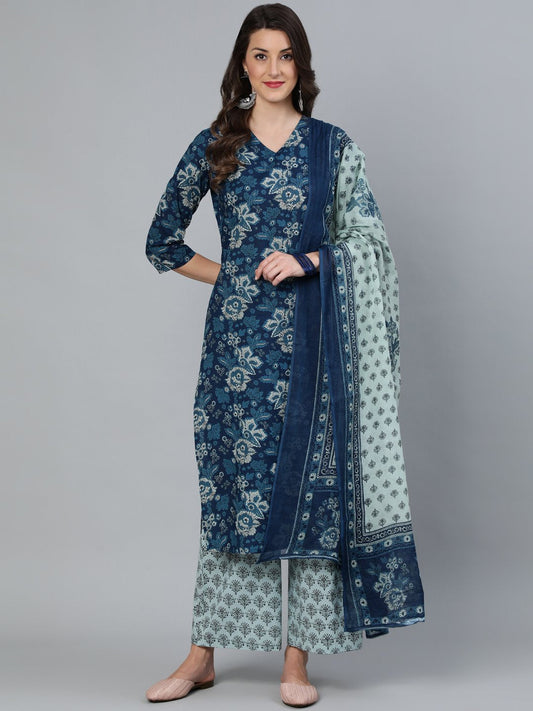 Women's Indigo Blue Printed Straight  Kurta With Plazzo & Dupatta