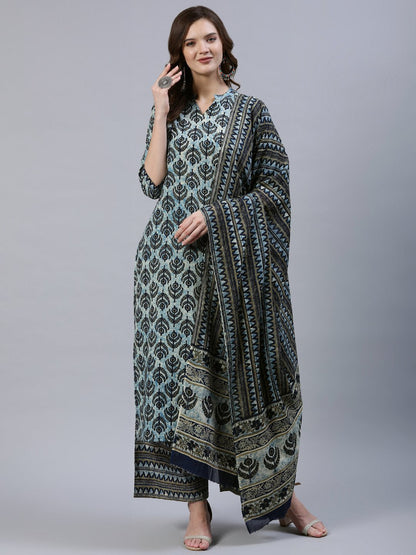 Women's Blue Printed Straight Kurta With Palazo & Dupatta
