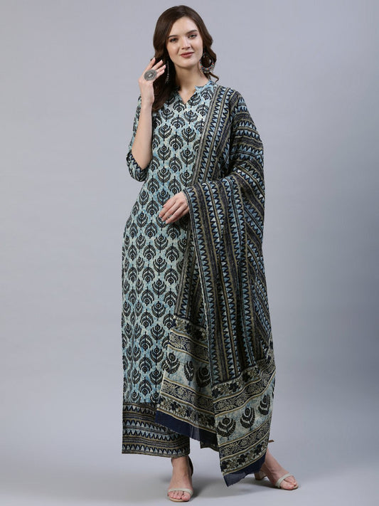 Women's Blue Printed Straight Kurta With Palazo & Dupatta