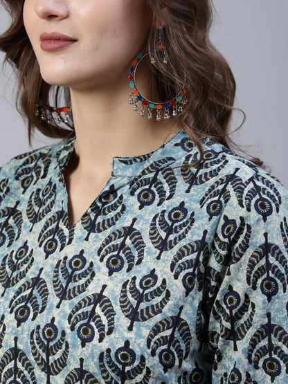 Women's Blue Printed Straight Kurta With Palazo & Dupatta