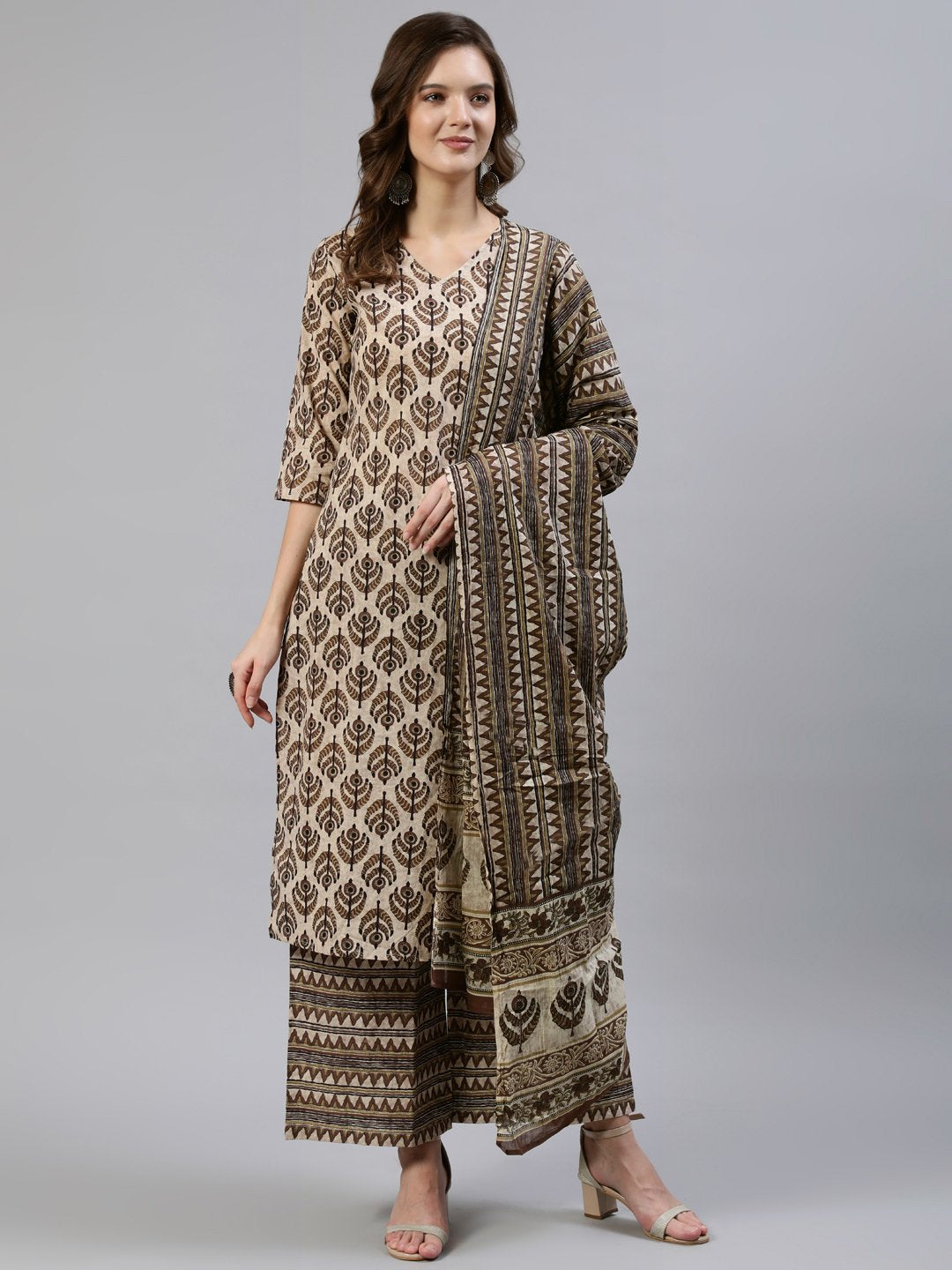Women's Brown Printed Straight Kurta With Palazo & Dupatta