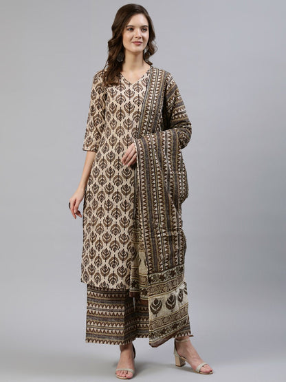 Women's Brown Printed Straight Kurta With Palazo & Dupatta