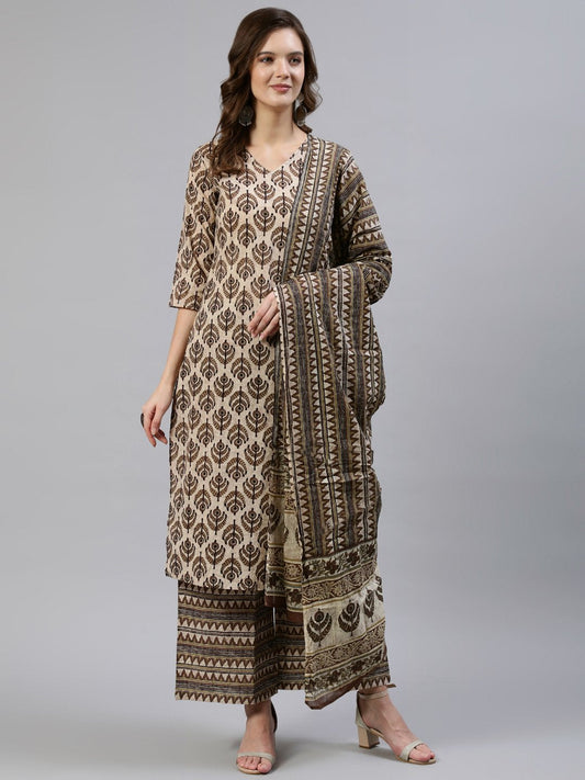 Women's Brown Printed Straight Kurta With Palazo & Dupatta