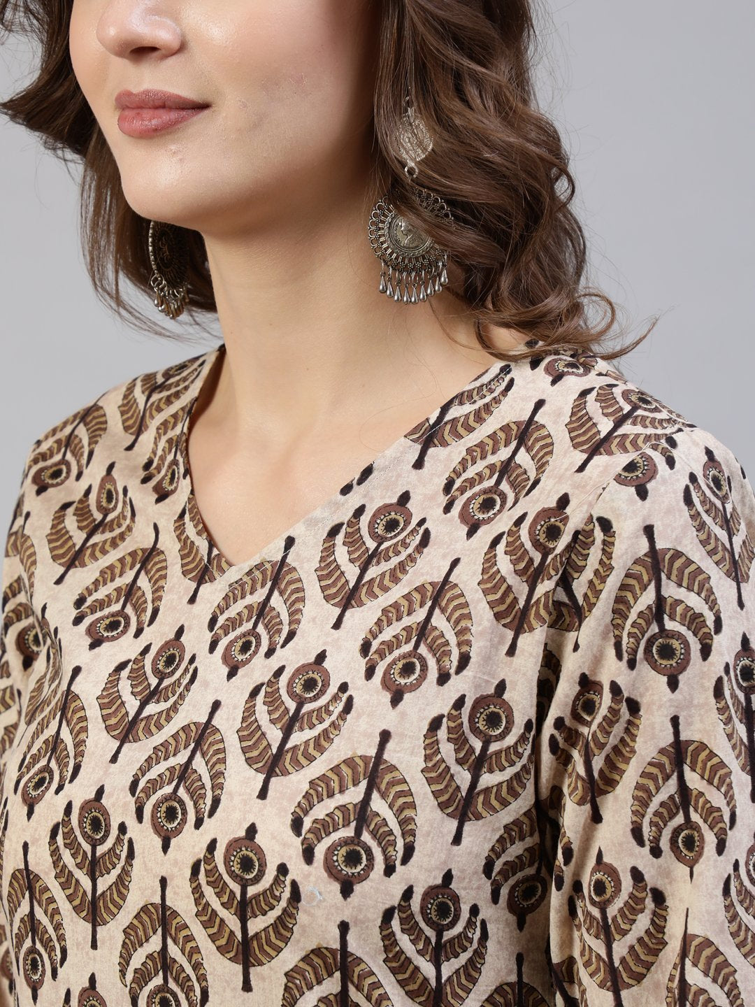 Women's Brown Printed Straight Kurta With Palazo & Dupatta