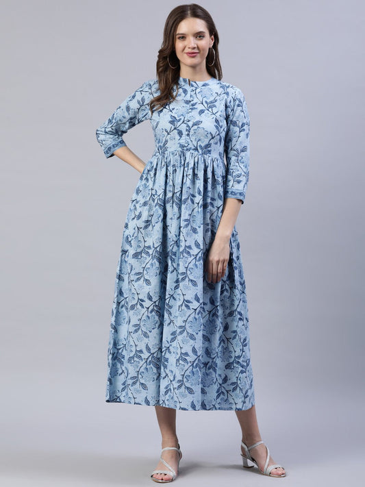Women's Blue Floral Printed Dress With Three Quarter Sleeves